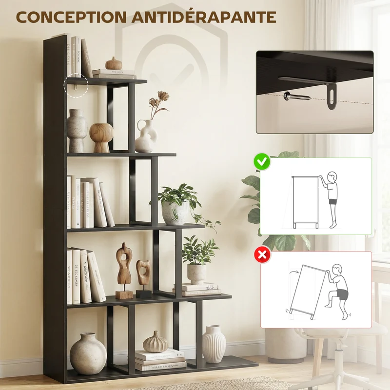 Étagère bibliothèque séparateur de pièce escalier 102 x 30 x 160 cm grand rangement modulable industriel en MDF noir 21_0002430