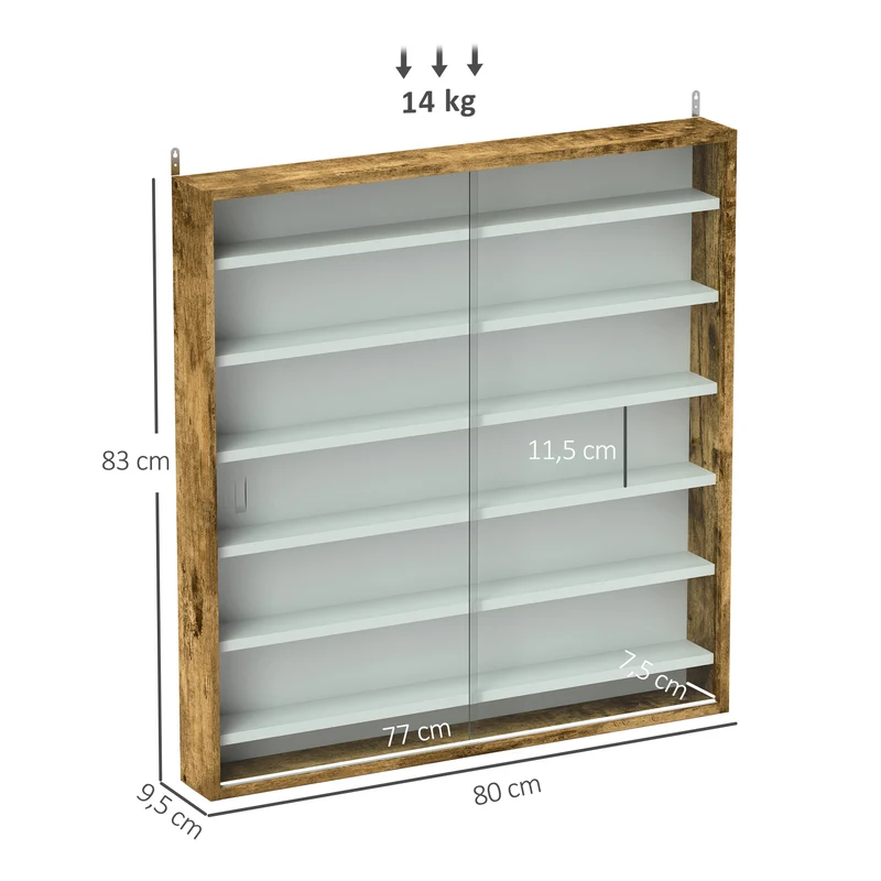 Vitrine murale 80 x 9,5 x 83 cm 6 étagères réglables portes coulissantes moderne épuré en panneau de particules brun 21_0001783