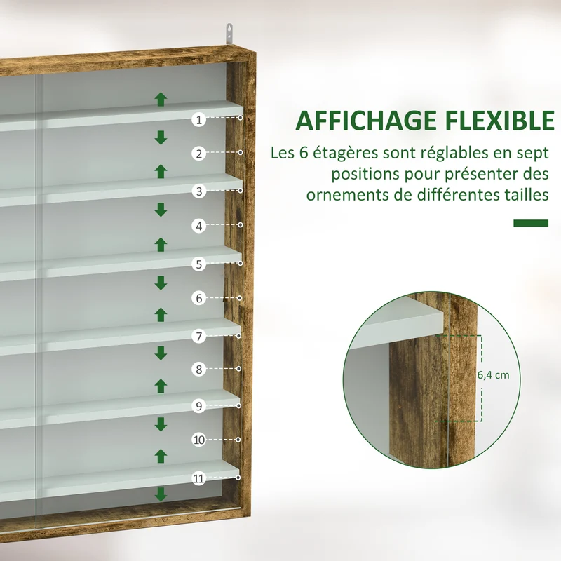 Vitrine murale 80 x 9,5 x 83 cm 6 étagères réglables portes coulissantes moderne épuré en panneau de particules brun 21_0001783