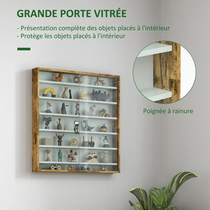 Vitrine murale 80 x 9,5 x 83 cm 6 étagères réglables portes coulissantes moderne épuré en panneau de particules brun 21_0001783