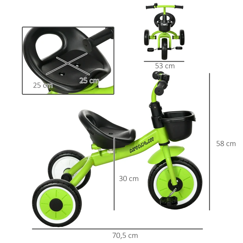 Tricycle enfant 70.5 x 53 x 58 cm siège réglable dossier sonnette panier stable scandinave pour 2 à 5 ans en métal vert 21_0000533