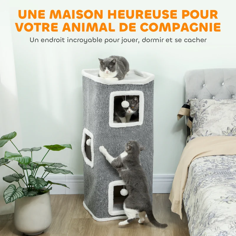 Tour pour chat 4 niveaux 41 x 41 x 100 cm espaces privés et jeux intégrés design moderne en panneau de particules gris 21_0007753