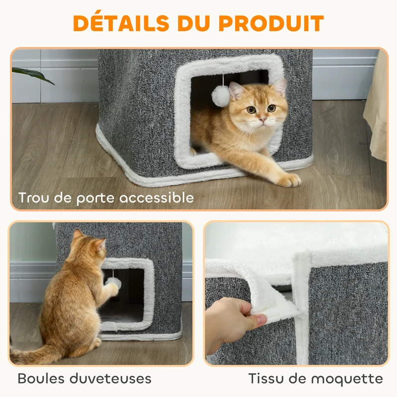 Tour pour chat 4 niveaux 41 x 41 x 100 cm espaces privés et jeux intégrés design moderne en panneau de particules gris 21_0007753