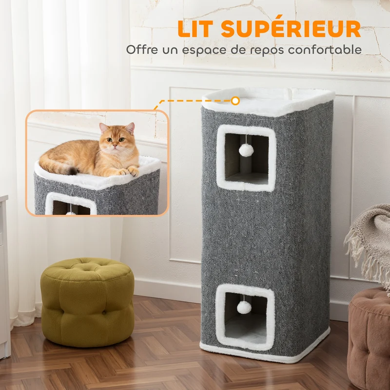 Tour pour chat 4 niveaux 41 x 41 x 100 cm espaces privés et jeux intégrés design moderne en panneau de particules gris 21_0007753