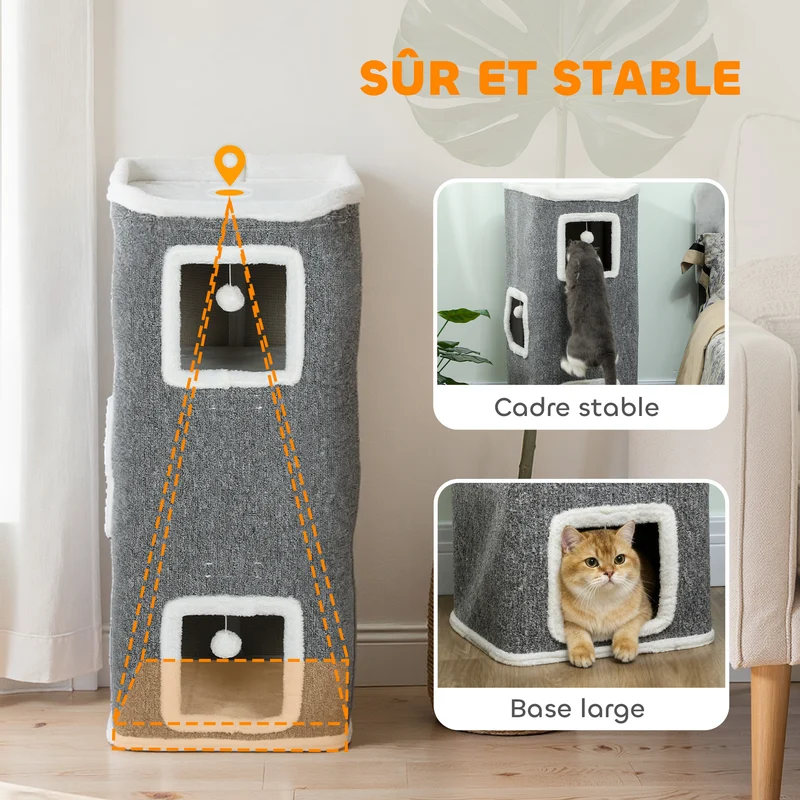 Tour pour chat 4 niveaux 41 x 41 x 100 cm espaces privés et jeux intégrés design moderne en panneau de particules gris 21_0007753