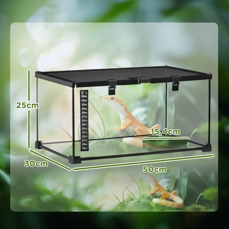 Terrarium reptile 50 x 30 x 25 cm thermomètre inclus ventilé empilable pour lézards design moderne en verre trempé noir 21_0007828