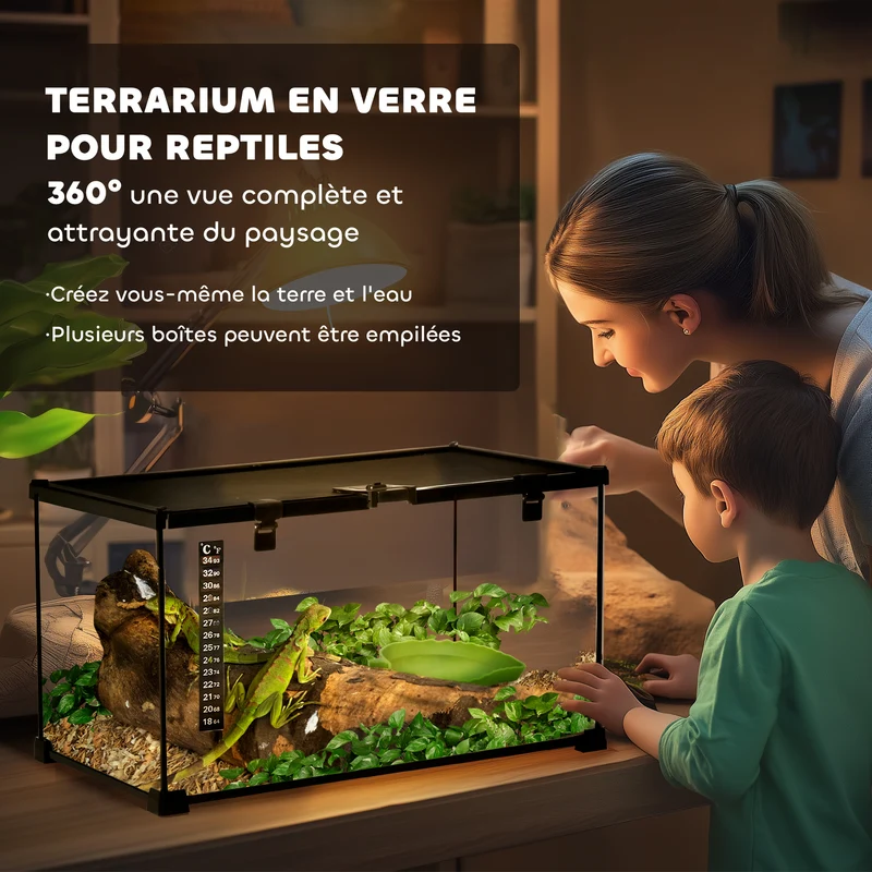 Terrarium reptile 50 x 30 x 25 cm thermomètre inclus ventilé empilable pour lézards design moderne en verre trempé noir 21_0007828