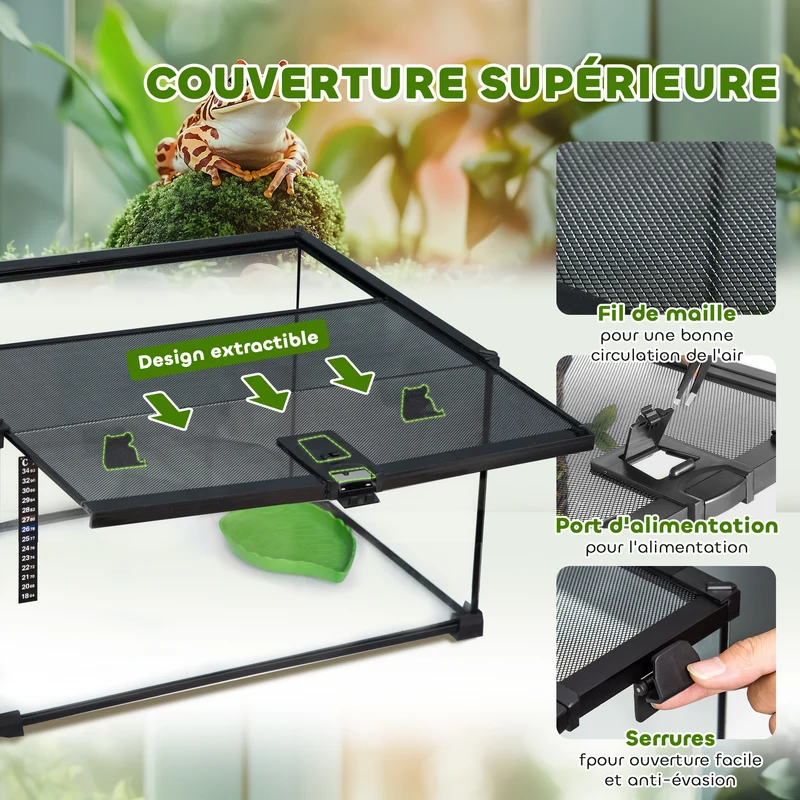 Terrarium reptile 50 x 30 x 25 cm thermomètre inclus ventilé empilable pour lézards design moderne en verre trempé noir 21_0007828