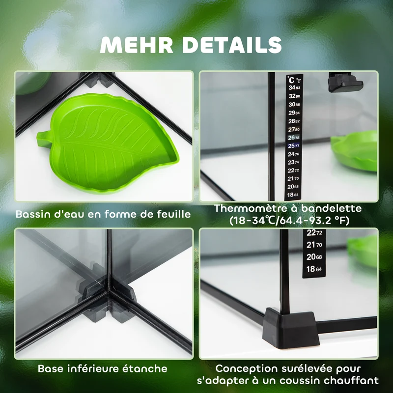 Terrarium reptile 50 x 30 x 25 cm thermomètre inclus ventilé empilable pour lézards design moderne en verre trempé noir 21_0007828