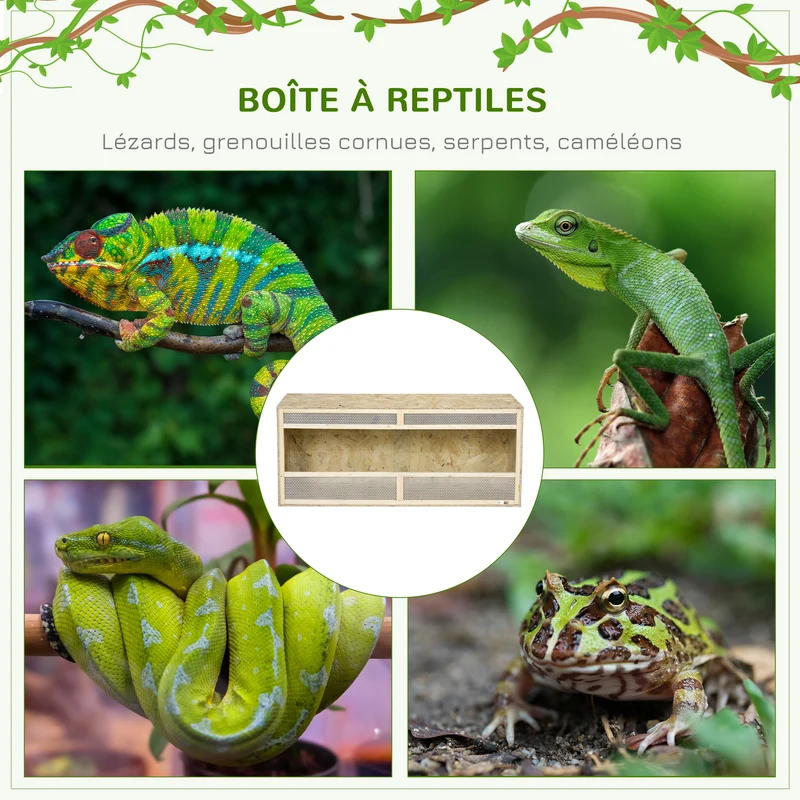 Terrarium pour reptiles 120 x 50 x 50 cm porte vitrée coulissante sûre bonne ventilation style rustique en bois naturel 21_0007836