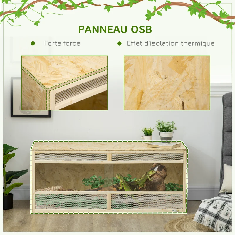 Terrarium pour reptiles 120 x 50 x 50 cm porte vitrée coulissante sûre bonne ventilation style rustique en bois naturel 21_0007836