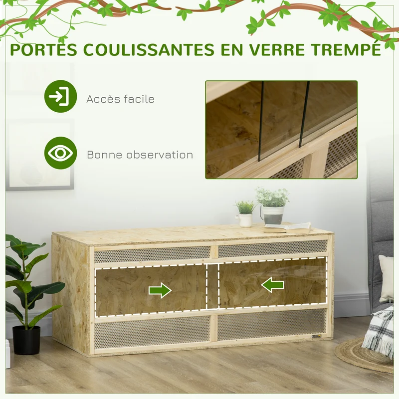 Terrarium pour reptiles 120 x 50 x 50 cm porte vitrée coulissante sûre bonne ventilation style rustique en bois naturel 21_0007836
