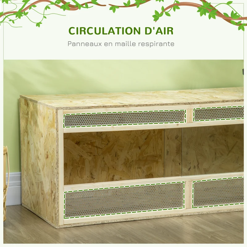 Terrarium pour reptiles 120 x 50 x 50 cm porte vitrée coulissante sûre bonne ventilation style rustique en bois naturel 21_0007836
