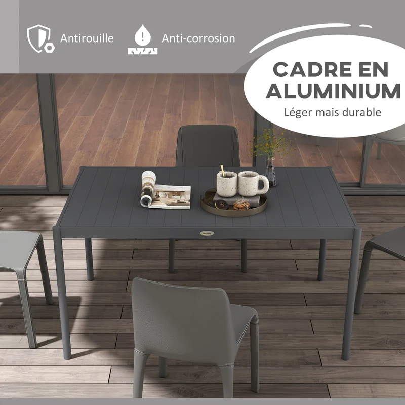 Table de jardin rectangulaire 145 x 90 x 74 cm 6 personnes plateau à lattes contemporain épuré en aluminium gris foncé 21_0005230