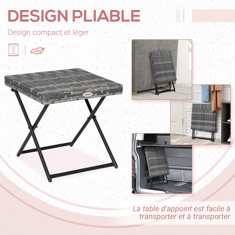 Table basse pliable carrée 40 x 40 x 40 cm gain de place pratique style cosy salon jardin pliée en résine tressée gris 21_0006042
