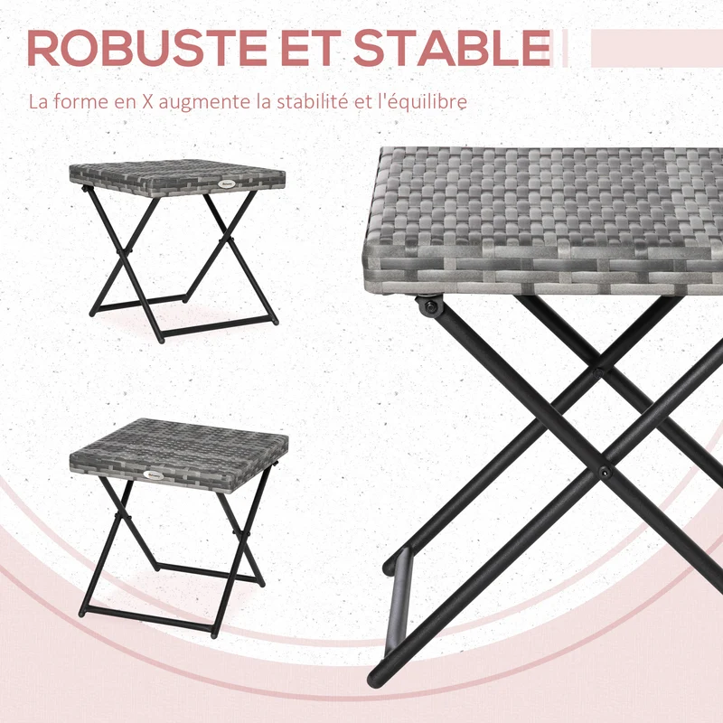Table basse pliable carrée 40 x 40 x 40 cm gain de place pratique style cosy salon jardin pliée en résine tressée gris 21_0006042
