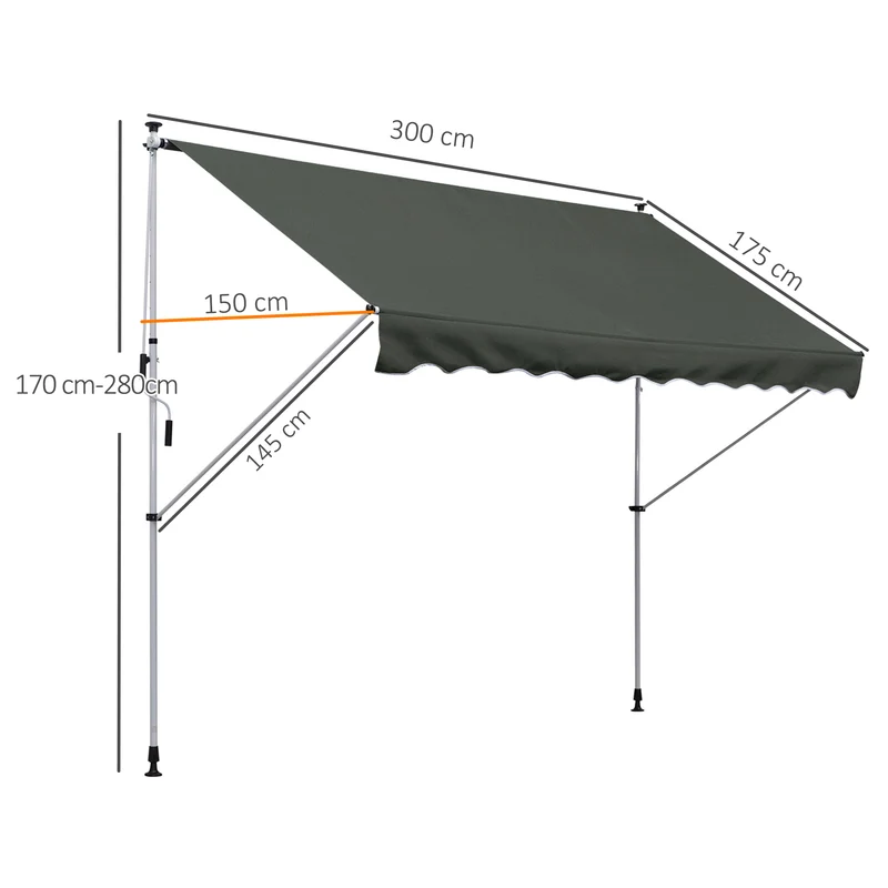 Store banne manuel 300 x 150 x 280 cm protection uv inclinaison et hauteur réglables design épuré en aluminium gris 21_0003848