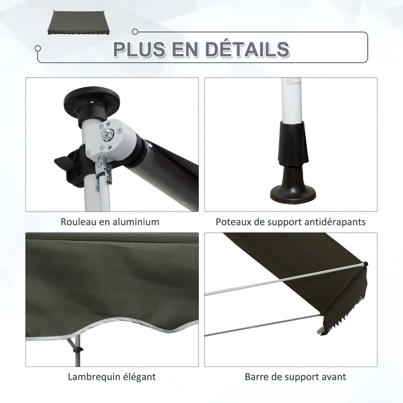 Store banne manuel 300 x 150 x 280 cm protection uv inclinaison et hauteur réglables design épuré en aluminium gris 21_0003848