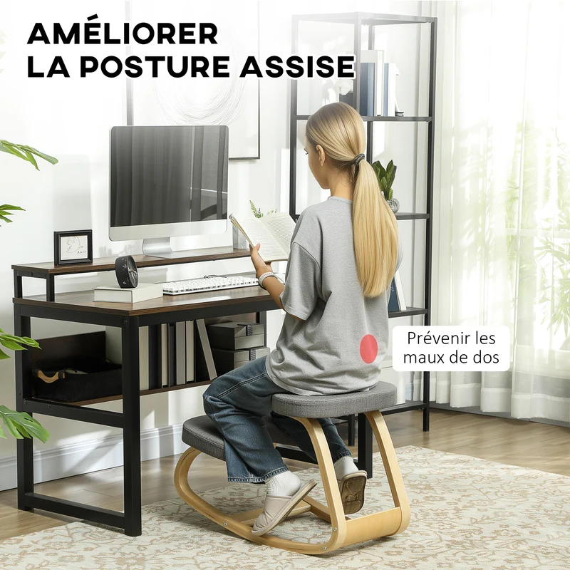Siège assis genoux ergonomique bureau 50 x 73 x 55 cm améliore posture soulage le dos scandinave épuré en bois gris 21_0006280