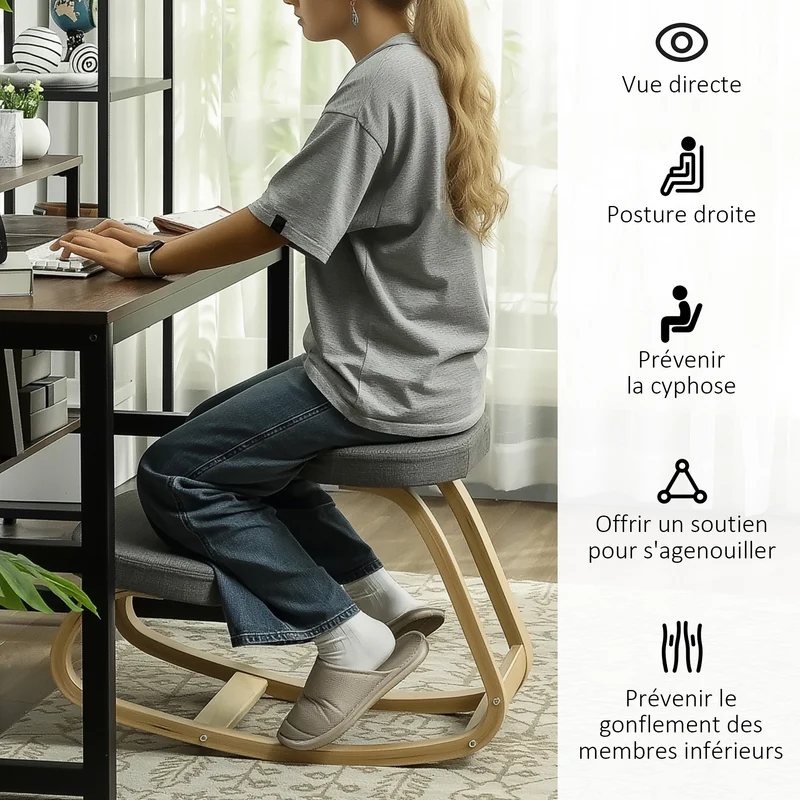 Siège assis genoux ergonomique bureau 50 x 73 x 55 cm améliore posture soulage le dos scandinave épuré en bois gris 21_0006280