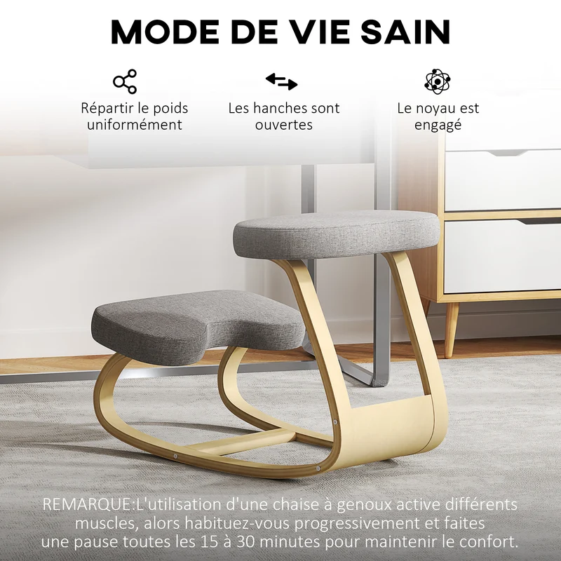 Siège assis genoux ergonomique bureau 50 x 73 x 55 cm améliore posture soulage le dos scandinave épuré en bois gris 21_0006280