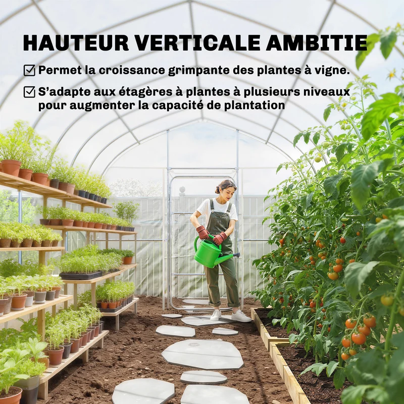 Serre tunnel jardin 296 x 391 x 267 cm stabilité renforcée grande hauteur étagères moderne épuré en po transparent 21_0005629