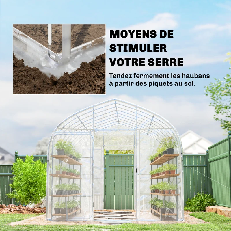 Serre tunnel jardin 296 x 391 x 267 cm stabilité renforcée grande hauteur étagères moderne épuré en po transparent 21_0005629