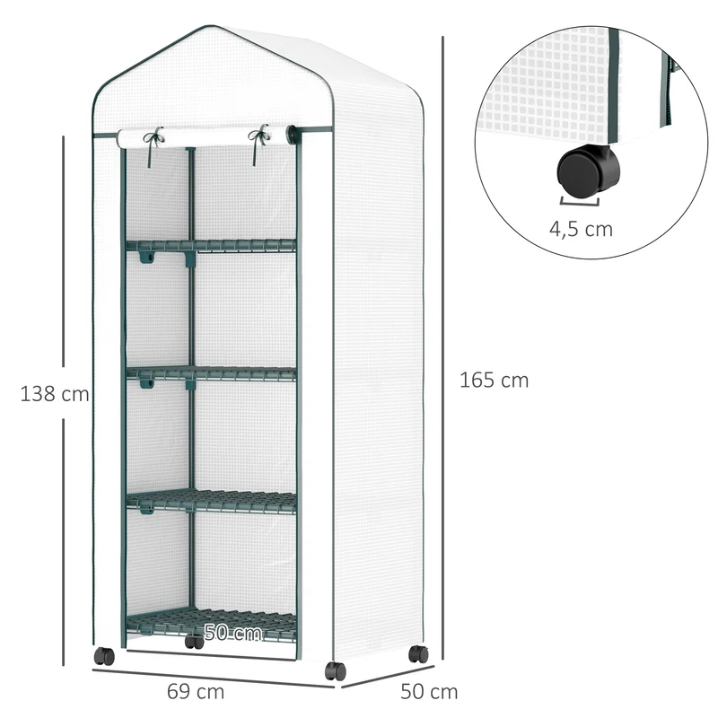 Serre de jardin 4 niveaux 69 x 50 x 165 cm protège plantes porte déroulante roulettes moderne épuré en plastique blanc 21_0004100