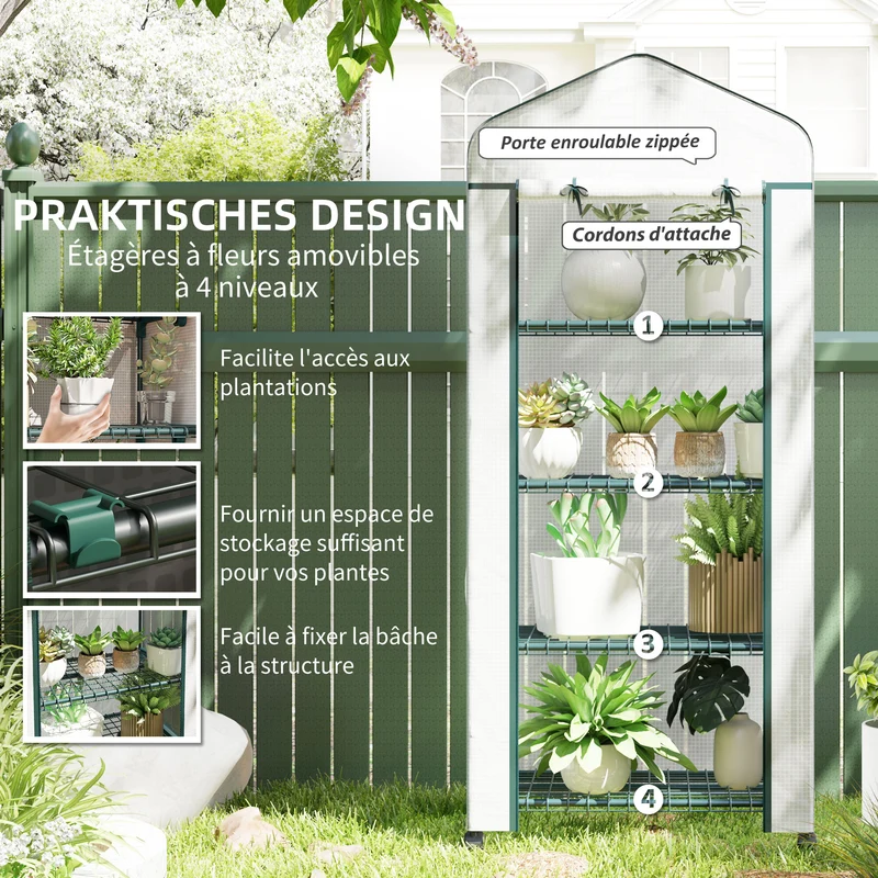 Serre de jardin 4 niveaux 69 x 50 x 165 cm protège plantes porte déroulante roulettes moderne épuré en plastique blanc 21_0004100