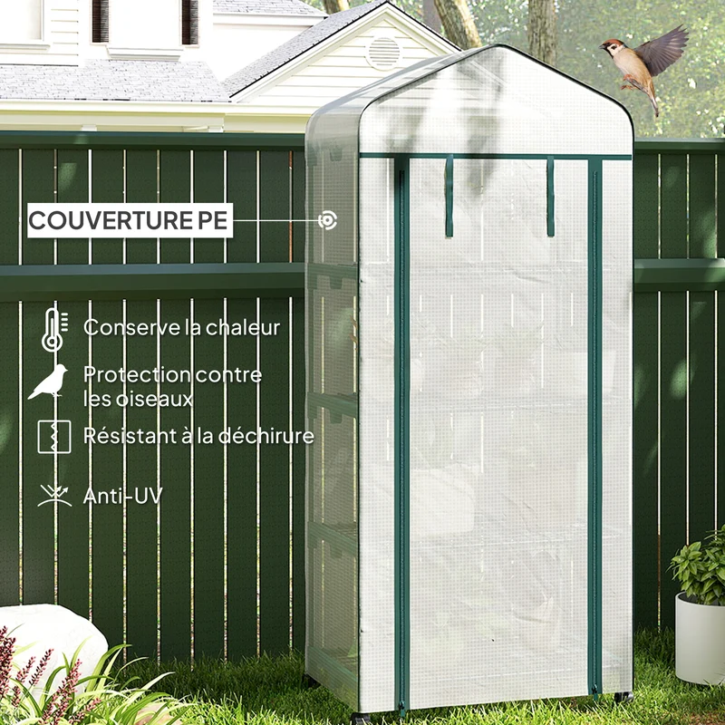 Serre de jardin 4 niveaux 69 x 50 x 165 cm protège plantes porte déroulante roulettes moderne épuré en plastique blanc 21_0004100