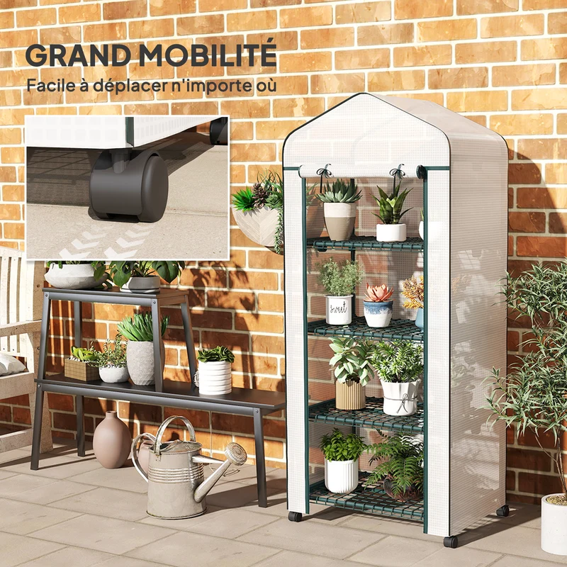 Serre de jardin 4 niveaux 69 x 50 x 165 cm protège plantes porte déroulante roulettes moderne épuré en plastique blanc 21_0004100