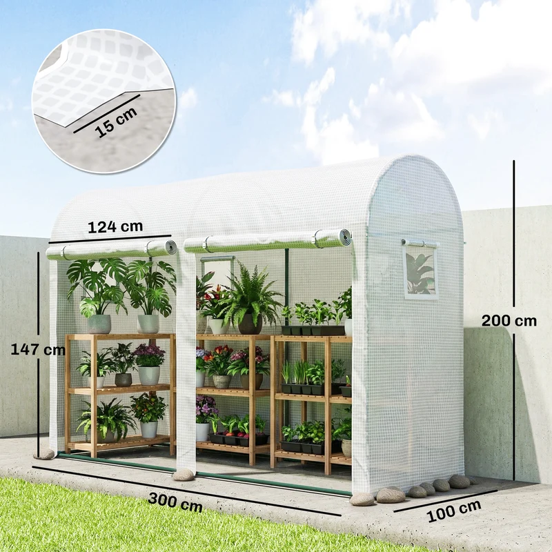 Serre de balcon 300 x 100 x 200 cm protection contre le froid avec fenêtres aération moderne pratique en acier blanc 21_0004180