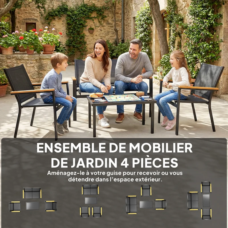 Salon de jardin 4 pièces canapé 2 places 110 x 63.5 x 84 cm antirouille moderne avec accoudoirs effet bois en acier noir 21_0005775