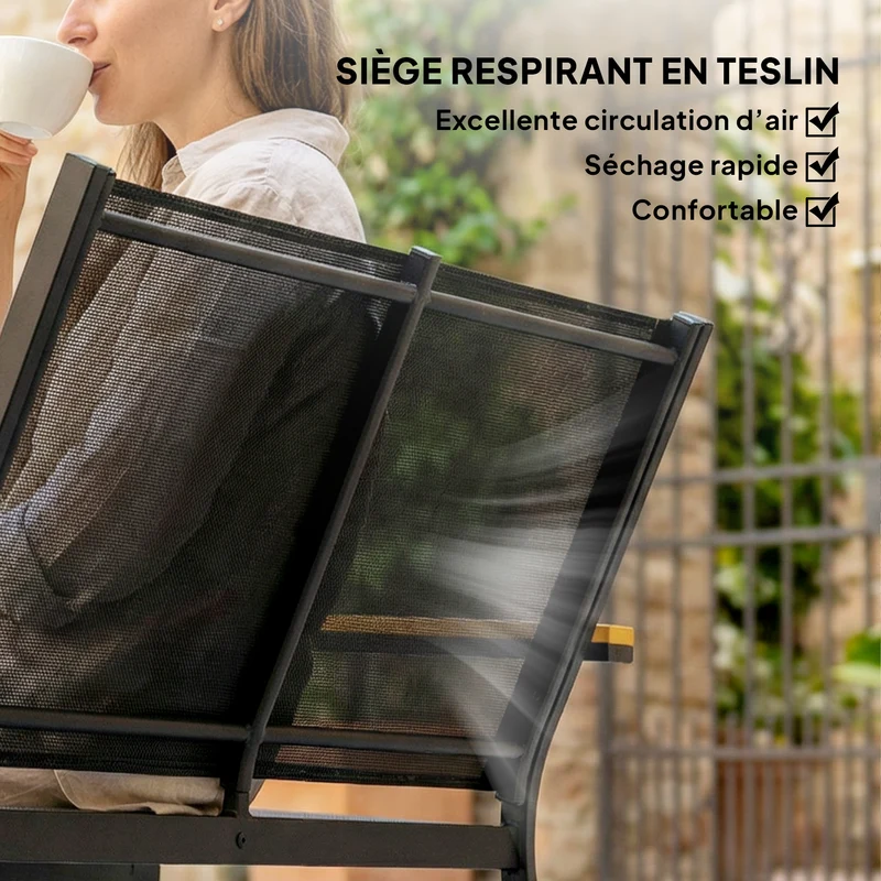Salon de jardin 4 pièces canapé 2 places 110 x 63.5 x 84 cm antirouille moderne avec accoudoirs effet bois en acier noir 21_0005775