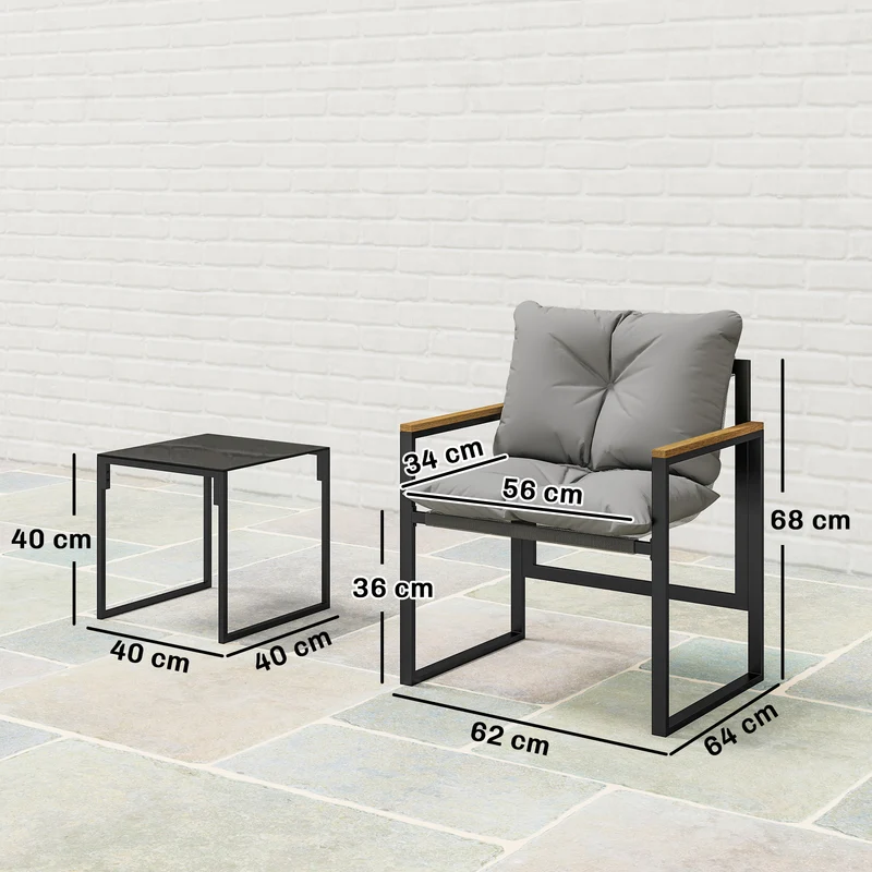 Salon de jardin 3 pièces 2 places 64 x 62 x 68 cm assise respirante coussins moelleux moderne scandinave en métal gris 21_0005398