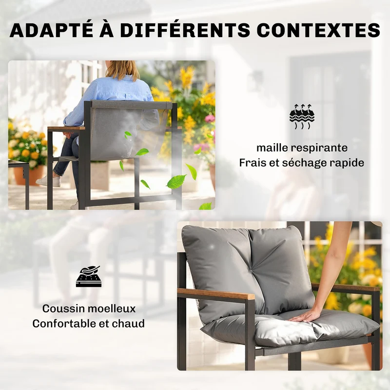 Salon de jardin 3 pièces 2 places 64 x 62 x 68 cm assise respirante coussins moelleux moderne scandinave en métal gris 21_0005398
