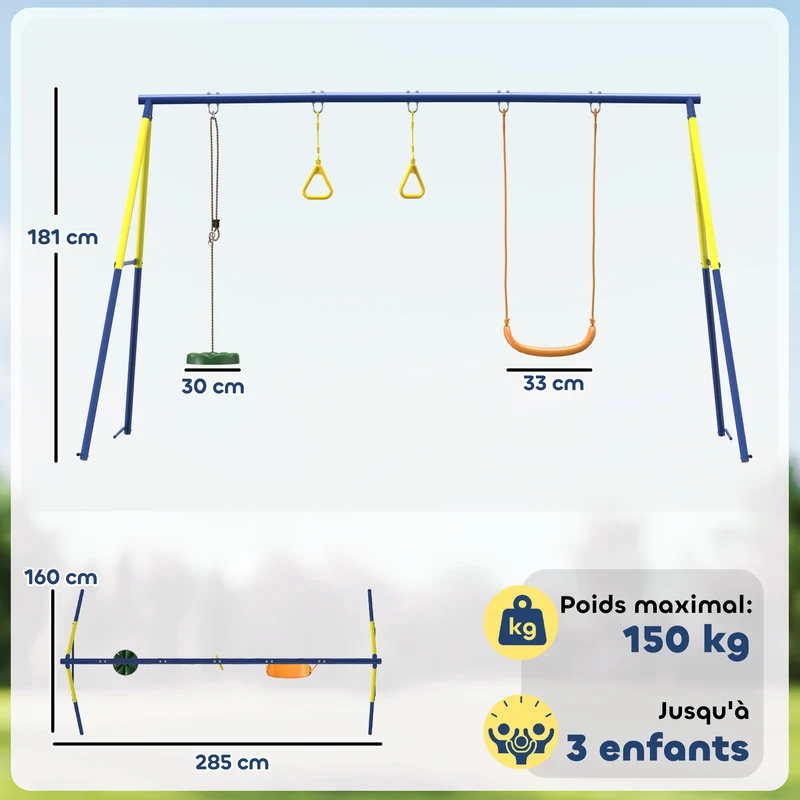 Portique balançoire extérieur pour enfants 285 x 160 x 181 cm pour 3 enfants 3-en-1 sécurisé contemporain en acier bleu 21_0000384