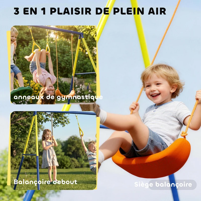 Portique balançoire extérieur pour enfants 285 x 160 x 181 cm pour 3 enfants 3-en-1 sécurisé contemporain en acier bleu 21_0000384