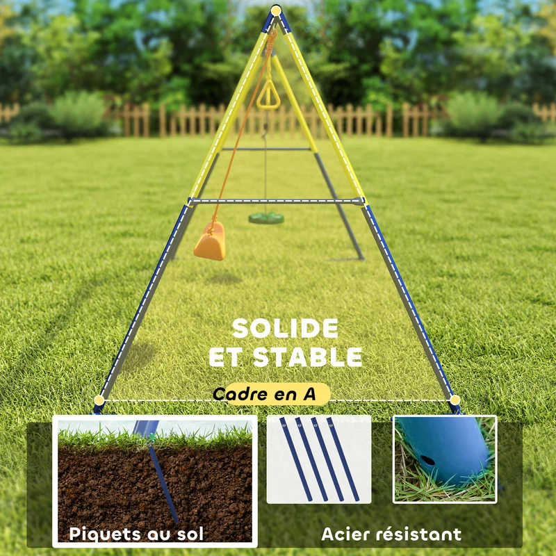 Portique balançoire extérieur pour enfants 285 x 160 x 181 cm pour 3 enfants 3-en-1 sécurisé contemporain en acier bleu 21_0000384