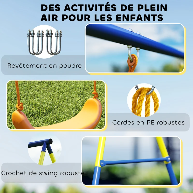 Portique balançoire extérieur pour enfants 285 x 160 x 181 cm pour 3 enfants 3-en-1 sécurisé contemporain en acier bleu 21_0000384