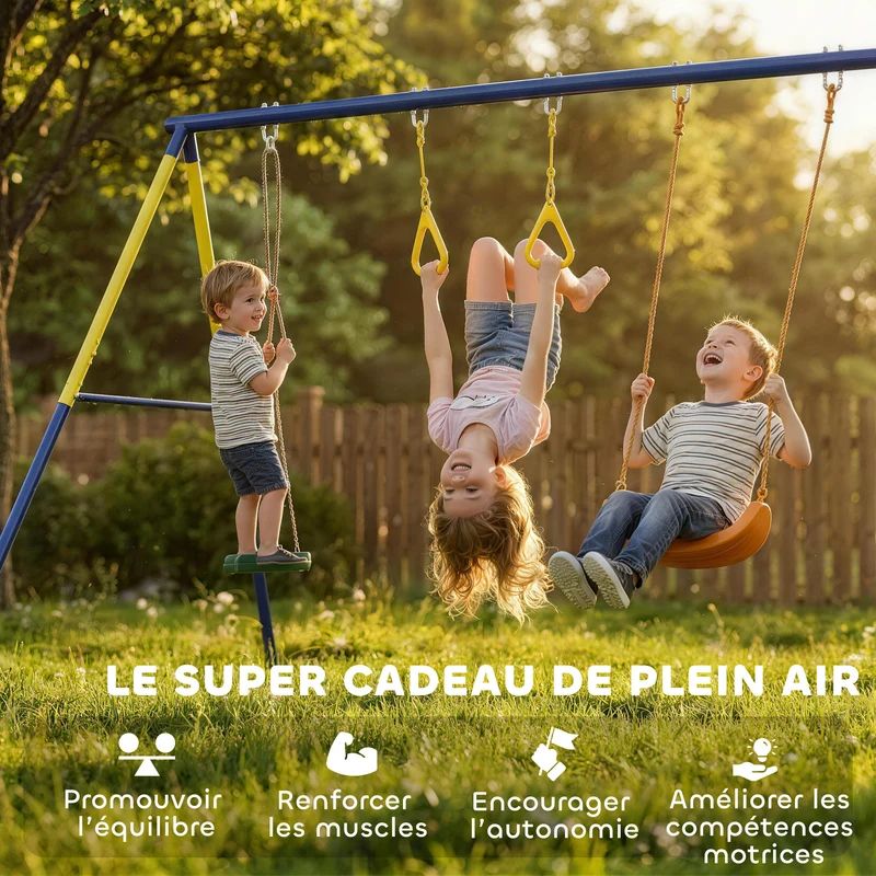 Portique balançoire extérieur pour enfants 285 x 160 x 181 cm pour 3 enfants 3-en-1 sécurisé contemporain en acier bleu 21_0000384