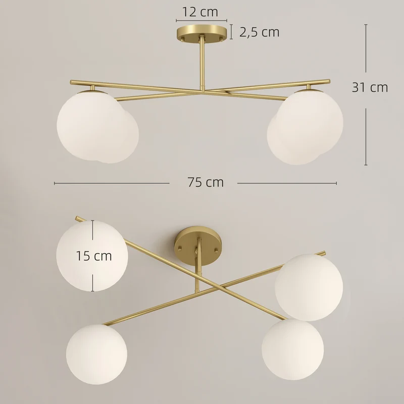 Plafonnier lustre pour salon couloir 75 x 75 x 31 cm éclairage modulable bras orientables moderne design en métal doré 21_0007051