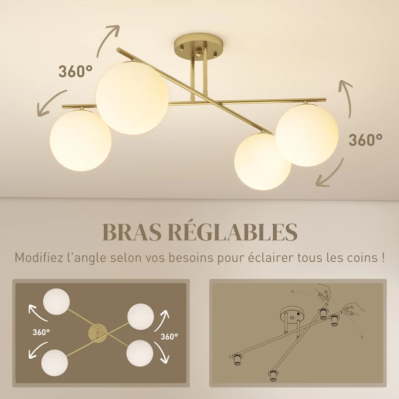 Plafonnier lustre pour salon couloir 75 x 75 x 31 cm éclairage modulable bras orientables moderne design en métal doré 21_0007051