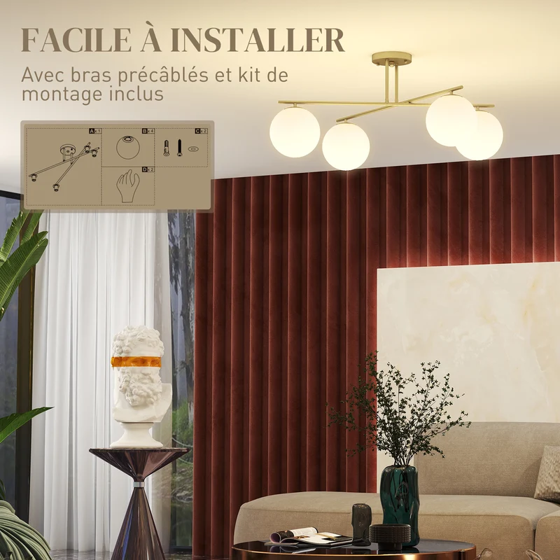 Plafonnier lustre pour salon couloir 75 x 75 x 31 cm éclairage modulable bras orientables moderne design en métal doré 21_0007051