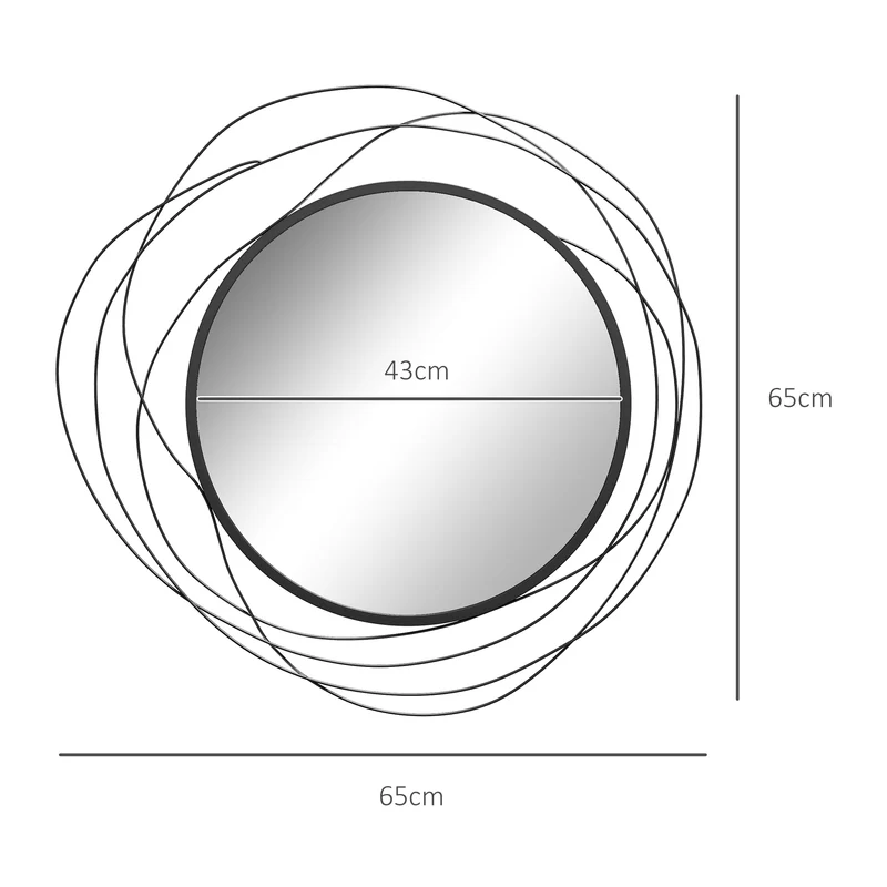 Miroir rond mural salon chambre entrée 65 x 1 x 65 cm agrandit l'espace et illumine style moderne épuré en métal noir 21_0001345