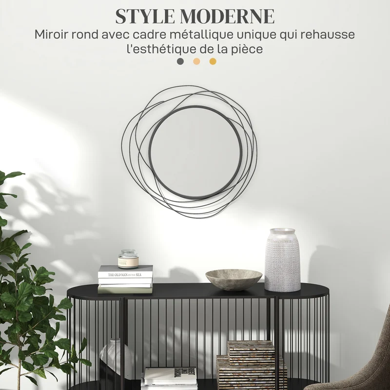 Miroir rond mural salon chambre entrée 65 x 1 x 65 cm agrandit l'espace et illumine style moderne épuré en métal noir 21_0001345