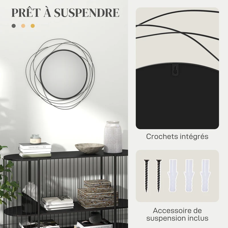 Miroir rond mural salon chambre entrée 65 x 1 x 65 cm agrandit l'espace et illumine style moderne épuré en métal noir 21_0001345