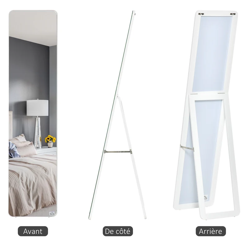 Miroir rectangulaire sur pied et mural 37 x 43 x 156 cm anti-éclat pour chambre moderne épuré fini mat en MDF blanc 21_0001476