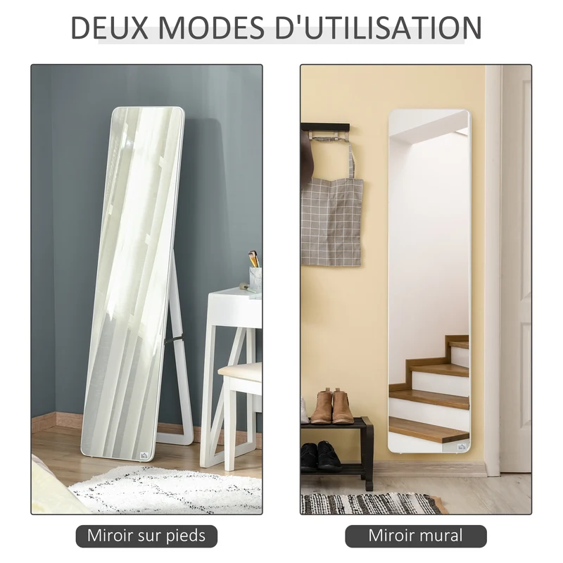 Miroir rectangulaire sur pied et mural 37 x 43 x 156 cm anti-éclat pour chambre moderne épuré fini mat en MDF blanc 21_0001476