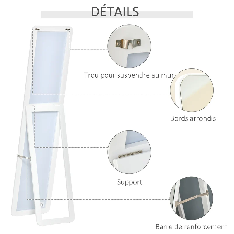 Miroir rectangulaire sur pied et mural 37 x 43 x 156 cm anti-éclat pour chambre moderne épuré fini mat en MDF blanc 21_0001476